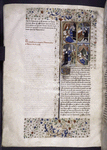 Miniature showing 1. newborn Constance given to the monastery; 2. religious devotion of Constance (reading); 3. Constance wedded to Emperor Henry VI by the Pope; 4. the birth of Frederick.  Initial, border design, rubric.