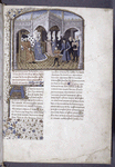 Opening of main text, miniature of Arthur and his tutor at the court of the Duke of Bretaigne, large initial, border design, placemarkers, rubrics, linefillers
