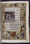Text with miniature of the Flagellation of Christ; border with strewn flowers, strawberries and insects