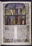 Opening of Book VI with miniatures showing events in the life of Joshua, border design, coats of arms, rubric, large initiala, pale yellow placemarkers