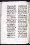 Page of text with initial and penwork, rubric, placemarkers, catchword