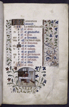 Opening page of calendar, with border design and miniature. Written in French. Initials