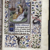 Opening of main text, with miniature of St. John the Evangelist on Patmos. Coat of arms of the husband in the initial, azure three mullets, or; on a chief of the second, two wolf heads sable, langued gules