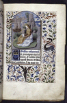 Opening of main text, with miniature of St. John the Evangelist on Patmos. Coat of arms of the husband in the initial, azure three mullets, or; on a chief of the second, two wolf heads sable, langued gules