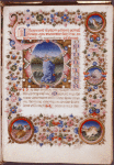 Historiated initial of David in prayer; border roundels with animals