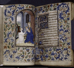Miniature of Virgin and Child and text with initials and rubrics, borders
