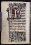 Historiated initial of Catherine of Siena, partial border, rubrics