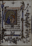 Text with large historiated initial, small initials, border design with grotesque, rubric