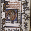Incipit of volume 2, with large historiated initial, border design with grotesque, initials, rubric, placemarkers