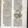 Text including opening of the biblical text of Genesis, with a round illustration, rubrics, space left for an initial with small cursive initial written in, placemarkers