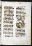 Text including opening of the biblical text of Genesis, with a round illustration, rubrics, space left for an initial with small cursive initial written in, placemarkers