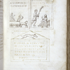 Architectural drawings showing humans and animals; inscriptions