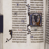 Page of text with historiated initial, other initials, rubrics, linefillers, placemarkers.