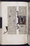 Page of text with historiated initial, other initials, rubrics, linefillers, placemarkers.