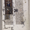 Opening of another part of text added late 14th century, according to Delisle.  Miniatures, initials, rubric, linefiller, placemarker