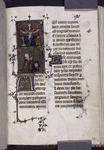 Opening of another part of text added late 14th century, according to Delisle.  Miniatures, initials, rubric, linefiller, placemarker