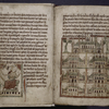 Miniatures of John on Patmos with the angel's trumpet and of the Seven Churches of Asia. Red initial with blue penwork