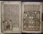 Miniatures of John on Patmos with the angel's trumpet and of the Seven Churches of Asia. Red initial with blue penwork