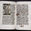 Image of St. Sebastian, initial, placemarkers, rubric, underlining, small design in border