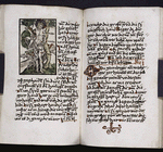 Image of St. Sebastian, initial, placemarkers, rubric, underlining, small design in border