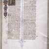 Opening of main text, historiated initial and painted border, initials with penwork (including human figure; rubrics