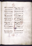 Page of text and music, rubric, initial with penwork and penwork drawings of animal and grotesque