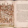 Full-page illustration of Cairo, with text, rubrics, and spaces left for initials