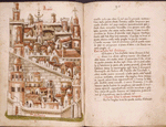 Full-page illustration of Cairo, with text, rubrics, and spaces left for initials