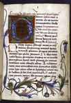 Opening of text, large decorated initial, floral border, rubrics, smaller initials, placemarkers