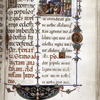 Page of text with border design including two portraits, initials, historiated initial, rubrics