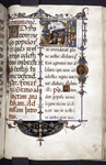Page of text with border design including two portraits, initials, historiated initial, rubrics