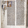 Opening of prologue with author portrait of Haimo holding a scroll; in the margin, a man gathering fruit (i.e. the gold balls of the decoration)