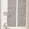 Historiated initial of three men confabulating; quire signature