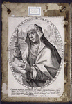 Print of St. Brigit of Sweden, by Crispin de Passe, pasted into inside front cover