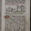 Rubric on the birth of John the Baptist; Elizabeth, crowned, and Zacharias in a boat, with a city behind them