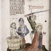 Text with pen and ink drawings of a man in a bath, bleeding from a vein in the crook of his arm, and of the beheading of a male saint.