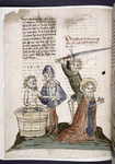 Text with pen and ink drawings of a man in a bath, bleeding from a vein in the crook of his arm, and of the beheading of a male saint.