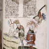 Text with pen drawing of a bishop (or pope) in a bath, and of a nobleman receiving rays of flame from an angel in heaven