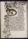 Initial S formed a a female-headed snake, offering the apple to Eve, with Adam below; in the leaves of the decoration in the upper border, allegories of the 7 deadly sins, partially cropped