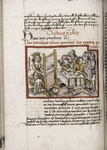 Image of Penelope weaving as suitors brawl over her hand; change of scribe