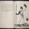 Drawing of man in costume from 1449, with a small barrel of fish at his feet
