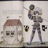 Drawings of man in costume from 1512; in the background, a shop with shopkeepers