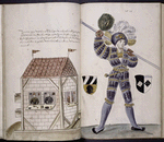Drawings of man in costume from 1512; in the background, a shop with shopkeepers