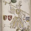Final drawing, of man in costume from 1539; in the background a parade float to resemble a ship