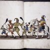2-page watercolor of men in costume, throwing gold to bystanders
