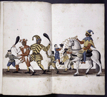 2-page watercolor of men in costume, throwing gold to bystanders