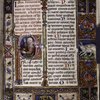 Opening of main text. Elaborate border design with coat of arms and a rabbit. Historiated initial of God creating the world