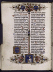 Page of text with initials, rubric, floreate border, small miniature of an altar boy, holding a book and ringing a bell (Ps. Exultate deo); catchword