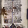 Page of text with initials, rubrics, placemarker, floreate border, small miniature of St. Paul (text is for feast of Conversion of Paul)