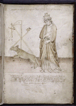 Drawing of a pope and a wolf, with later identification added in upper margin, "Magister tomasius de sarzana deinde nicholaus papa [quintus ?]"